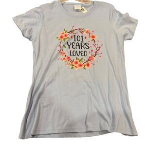 101 Years Loved Graphic T-Shirt Baby Blue w/Orange Floral Design Women Small NWT